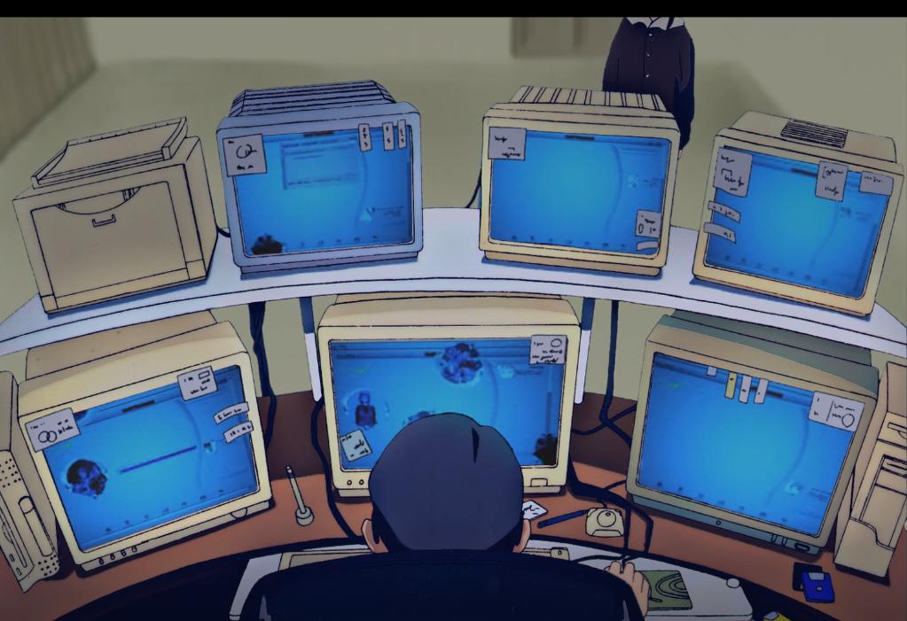 Cyberpunk cityscape with power lines